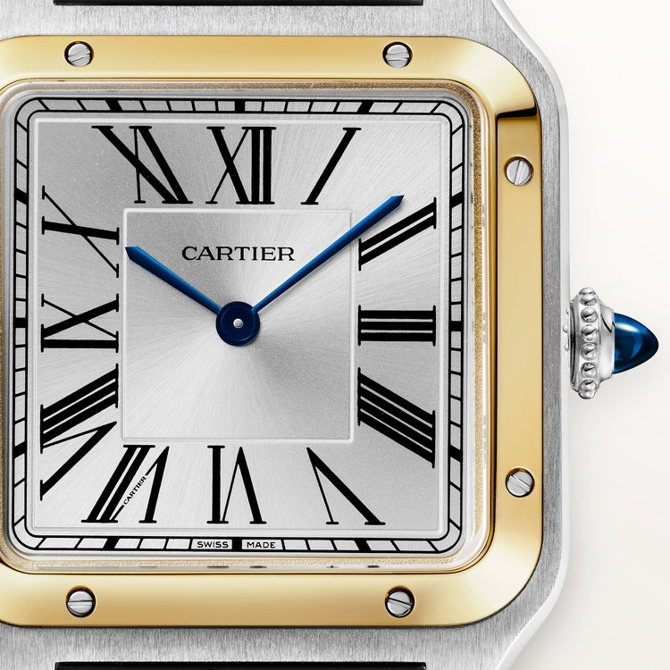 Santos-Dumont Large 43.5mm x 31.4mm Steel Yellow Gold Silvered Satin-Finish Dial Anthracite Gray Alligator Strap Self-Winding Watch