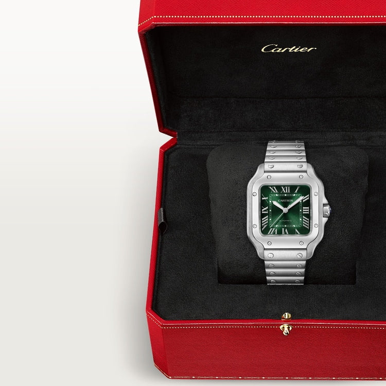 Santos de Cartier Medium 35.1mm Steel Blue Crown Green Dial Steel Bracelet Self-Winding Watch