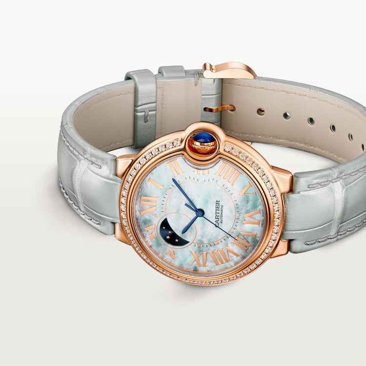 Ballon Bleu 36mm Rose Gold Diamond Case Mother-of-Pearl Day Night Dial Gray Alligator Strap Watch