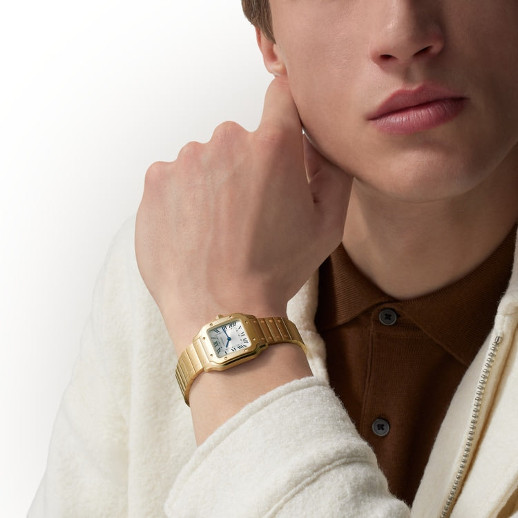 Santos de Cartier Small 34.5mm x 27mm Yellow Gold Blue Crown Silver Sunray Dial Yellow Gold Bracelet Quartz Watch