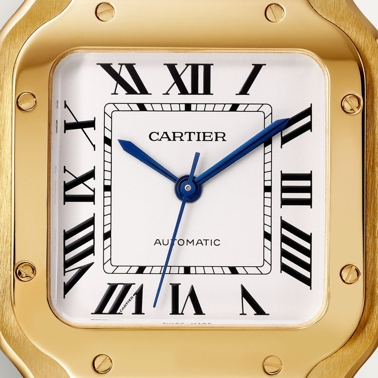 Santos de Cartier Medium 35.1mm Yellow Gold Blue Crown Silvered Opaline Dial Yellow Gold Bracelet Automatic Watch