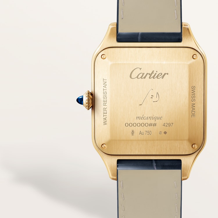 Santos-Dumont Large 43.5mm x 31.4mm Yellow Gold Blue Crown Silvered Satin-Finish Dial Navy Blue Alligator Leather Strap Manual-Winding Watch