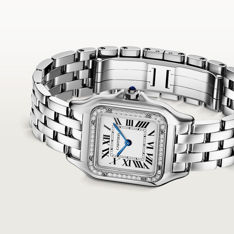 Panthère de Cartier Medium 36.5mm x 26.7mm Steel Diamond Bezel Blue Crown Silver Dial Steel Bracelet Quartz Watch