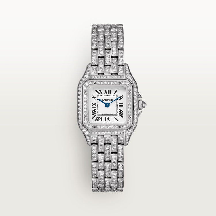 Panthère Small 30.3mm x 22.0mm White Gold Diamond Case Diamond Crown Silvered Dial White Gold Bracelet Quartz Watch