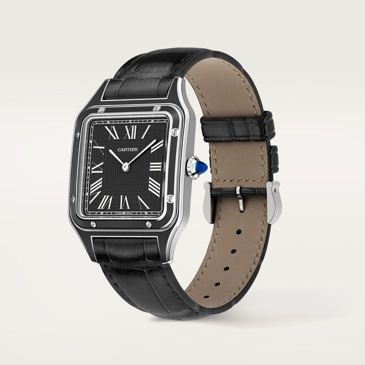 Santos-Dumont Large 43.5mm x 31.4mm Steel Black Lacquer Black Dial Black Alligator Strap Manual-Winding Watch