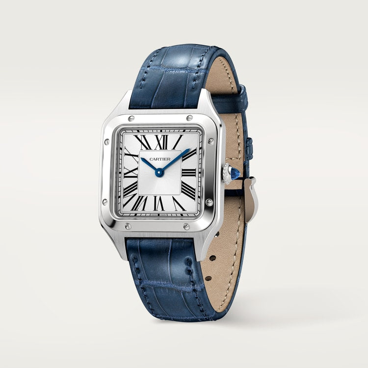 Santos-Dumont Small 38mm x 27.5mm Steel Blue Crown Silver Sunray Dial Navy Blue Alligator Strap Quartz Watch