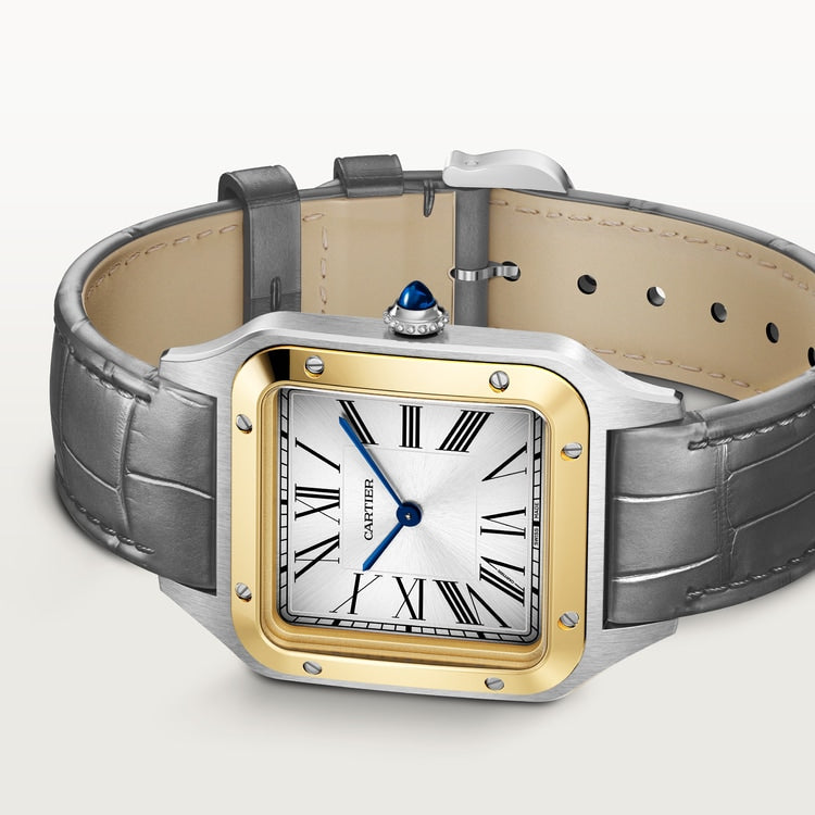 Santos-Dumont Extra-Large 46.6mm x 33.9mm Steel Yellow Gold Silvered Satin-Finish Dial Anthracite Gray Alligator Strap Self-Winding Watch