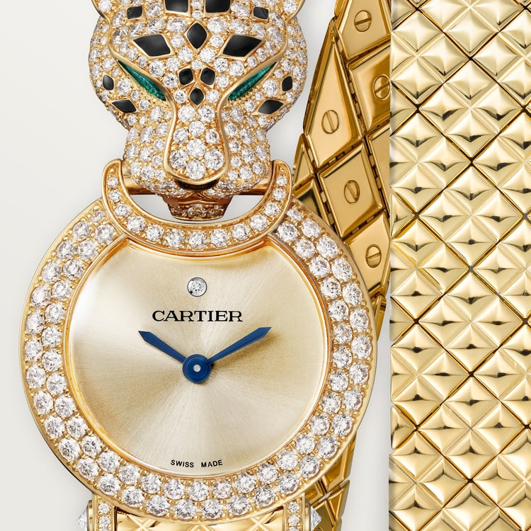 Panthère de Cartier Mini 23.6mm Yellow Gold Diamond Bezel Diamond Panther Head Emerald Eyes Golden Dial Yellow Gold Double Loop Bracelet Quartz Watch