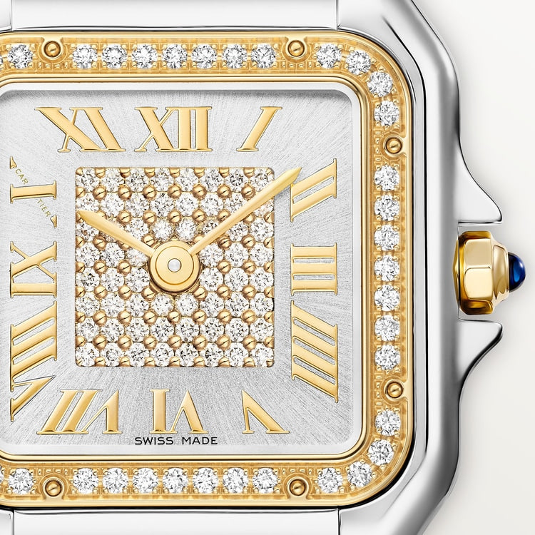 Panthère Medium 36.5mm x 26.7mm Yellow Gold Steel Diamond Bezel Blue Crown Silvered Dial Yellow Gold Steel Bracelet Quartz Watch