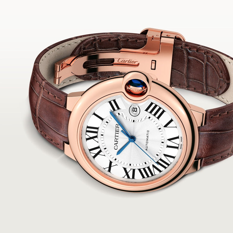 Ballon Bleu 42mm Rose Gold Automatic Silver Guilloché Dial Alligator Strap Watch