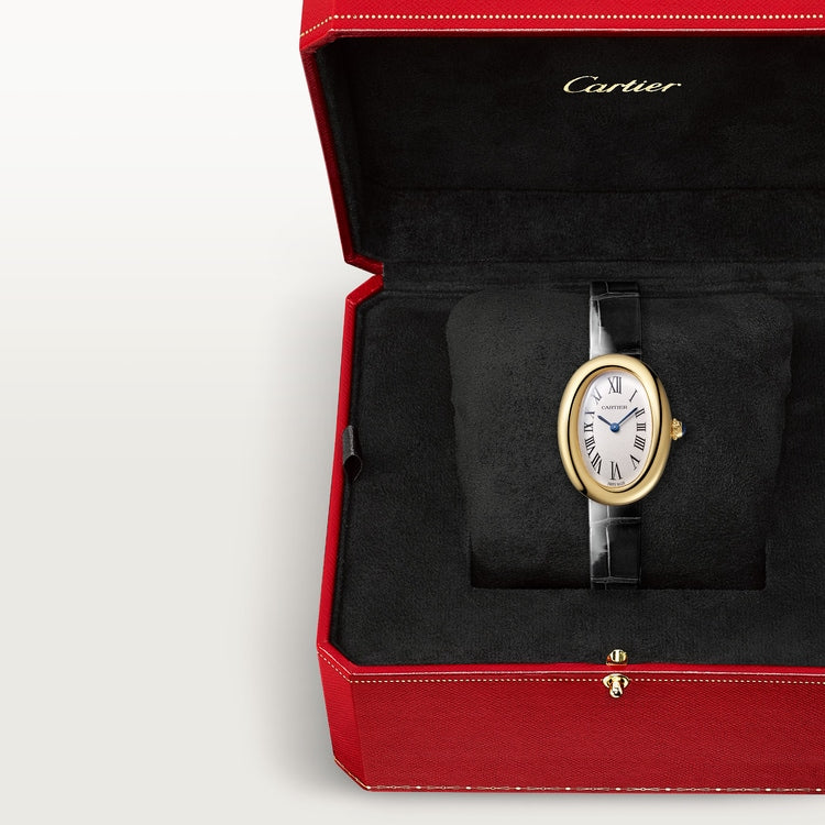 Baignoire Small 31mm x 23mm Yellow Gold Beaded Crown Sapphire Cabochon Silvered Dial Black Alligator Strap Quartz Watch