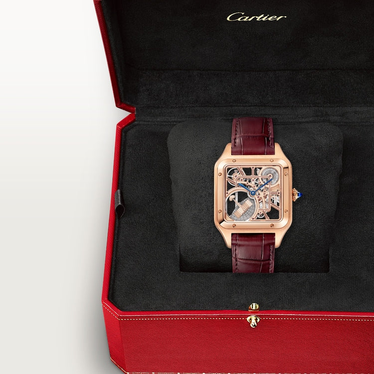 Santos-Dumont Large 43.5mm x 31.4mm Rose Gold Blue Crown Skeleton Dial Burgundy Alligator Strap Self-Winding Watch