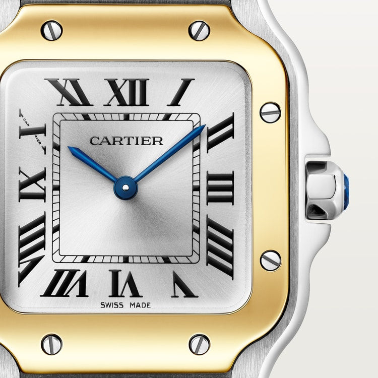 Santos de Cartier Small 34.5mm x 27mm Gold Steel Blue Crown Silver Sunray Dial Steel Bracelet Quartz Watch
