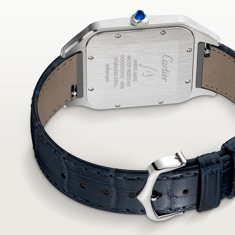 Santos-Dumont Extra-Large 46.6mm x 33.9mm Steel Silvered Satin-Finish Dial Navy Blue Alligator Strap Manual-Winding Watch