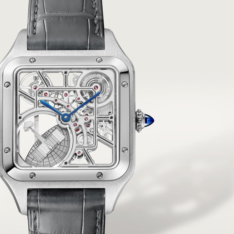 Santos-Dumont Skeleton 31mm x 43.5mm Steel Gray Lacquer Gray Alligator Strap Self-Winding Watch