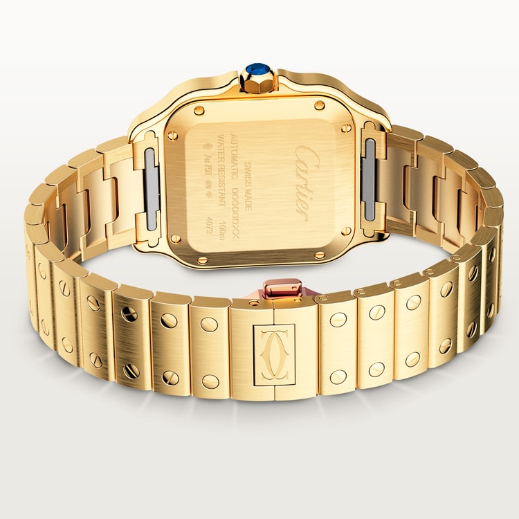 Santos de Cartier Medium 35.1mm Yellow Gold Blue Crown Silvered Opaline Dial Alligator Leather Strap Automatic Watch