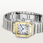Santos de Cartier Small 34.5mm x 27mm Gold Steel Blue Crown Silver Sunray Dial Steel Bracelet Quartz Watch