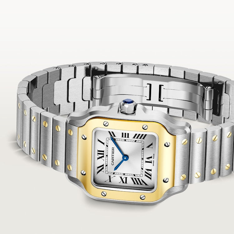 Santos de Cartier Small 34.5mm x 27mm Gold Steel Blue Crown Silver Sunray Dial Steel Bracelet Quartz Watch