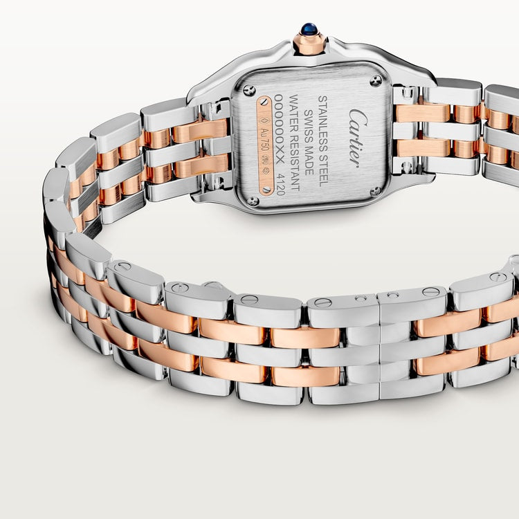 Panthère Small 22mm x 30mm Rose Gold Steel Diamond Bezel Blue Crown Silvered Dial Rose Gold Steel Bracelet Quartz Watch