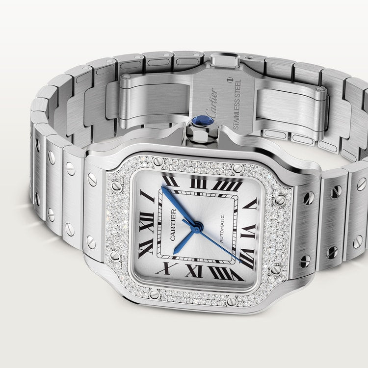 Santos de Cartier Medium 35.1mm Steel Blue Crown Sunray Dial Steel Bracelet Automatic Watch