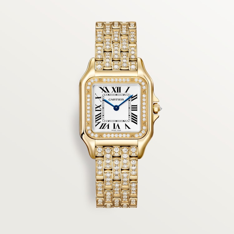 Panthère Medium 36.5mm x 26.7mm Yellow Gold Diamond Bezel Diamond Crown Silvered Dial Yellow Gold Diamond Bracelet Quartz Watch