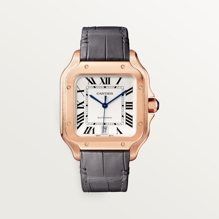 Santos de Cartier Large 39.8mm Rose Gold Blue Crown Opaline Silver Dial Alligator Strap Self-Winding Watch