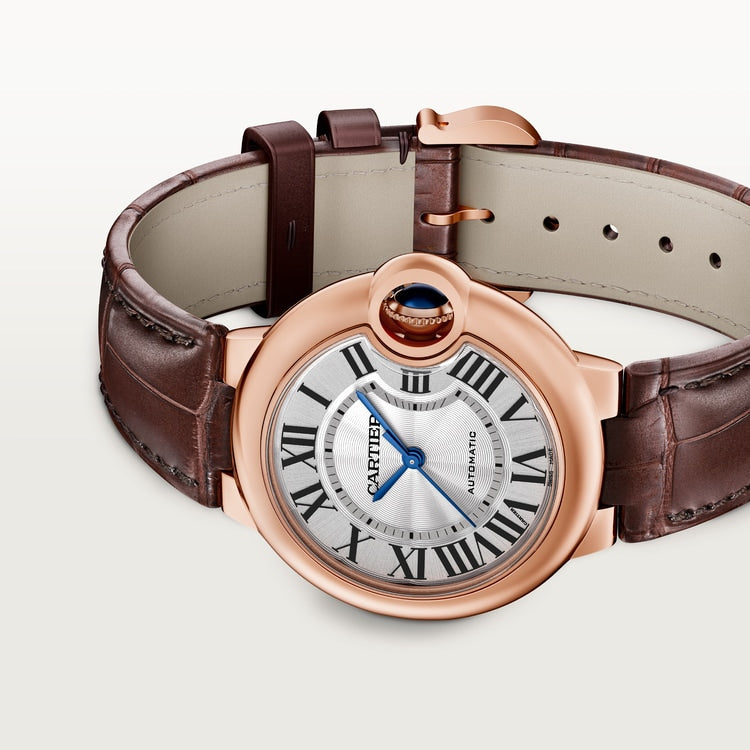 Ballon Bleu 33mm Rose Gold Automatic Silver Guilloché Dial Alligator Strap Watch