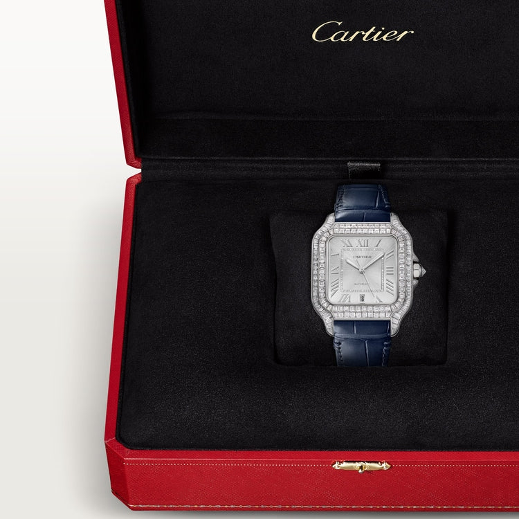 Santos de Cartier Large 47.5mm White Gold Diamond Bezel Silvered Sunray Dial Alligator Strap Self-Winding Watch