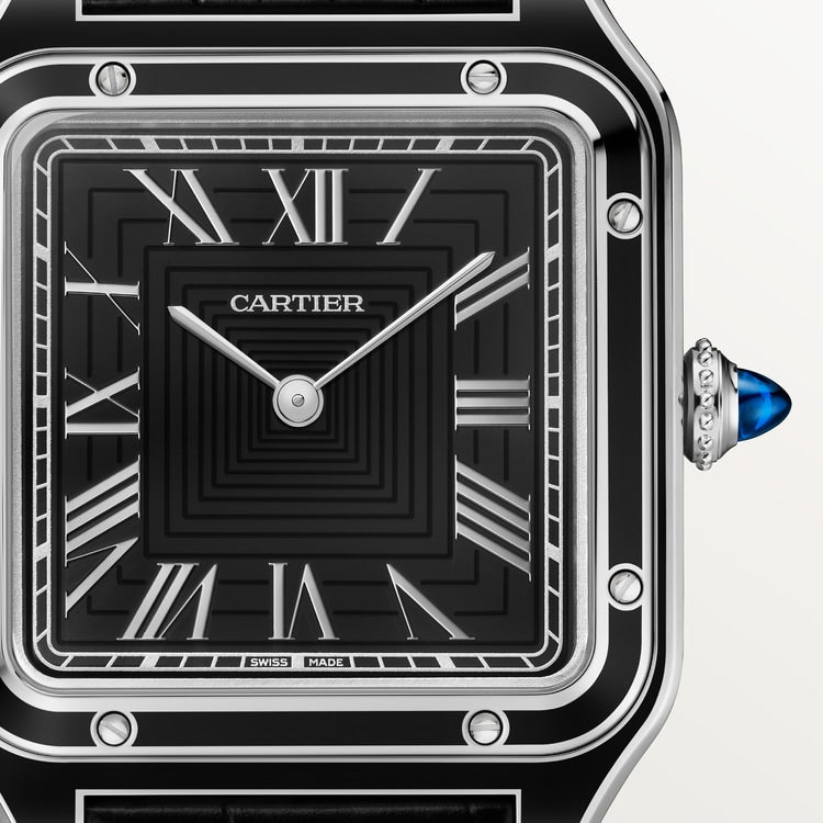 Santos-Dumont Large 43.5mm x 31.4mm Steel Black Lacquer Black Dial Black Alligator Strap Manual-Winding Watch
