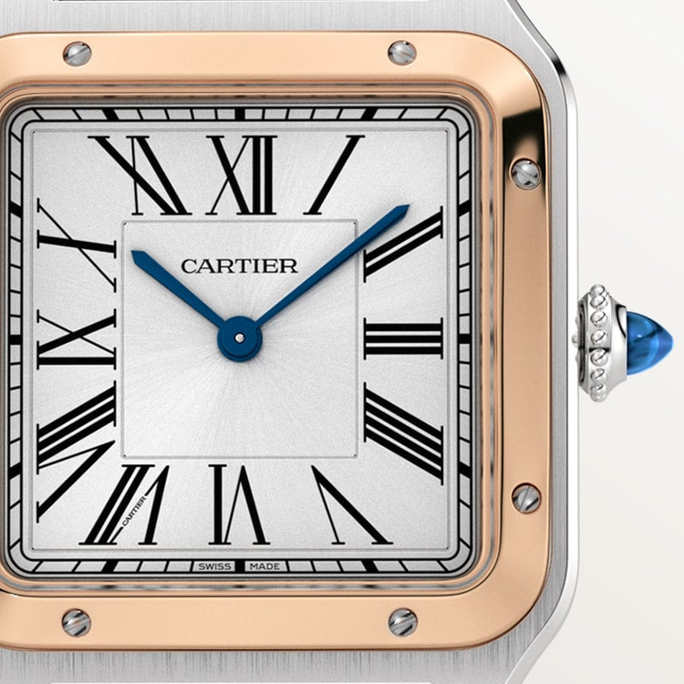 Santos-Dumont Large 43.5mm x 31.4mm Rose Gold Steel Blue Crown Silver Sunray Dial Alligator Leather Strap Quartz Watch