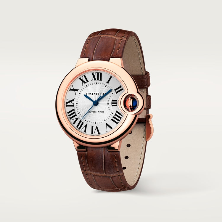 Ballon Bleu 33mm Rose Gold Automatic Silver Guilloché Dial Alligator Strap Watch