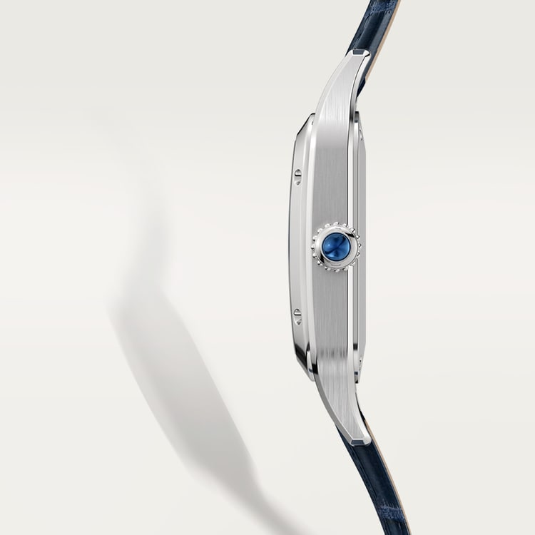 Santos-Dumont Small 38mm x 27.5mm Steel Blue Crown Silver Sunray Dial Navy Blue Alligator Leather Strap Quartz Watch