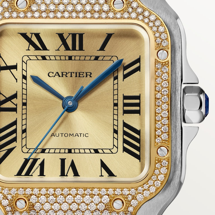 Santos de Cartier Medium 35.1mm Steel Yellow Gold Diamond Bezel Blue Crown Golden Sunray Dial Steel Bracelet Automatic Watch