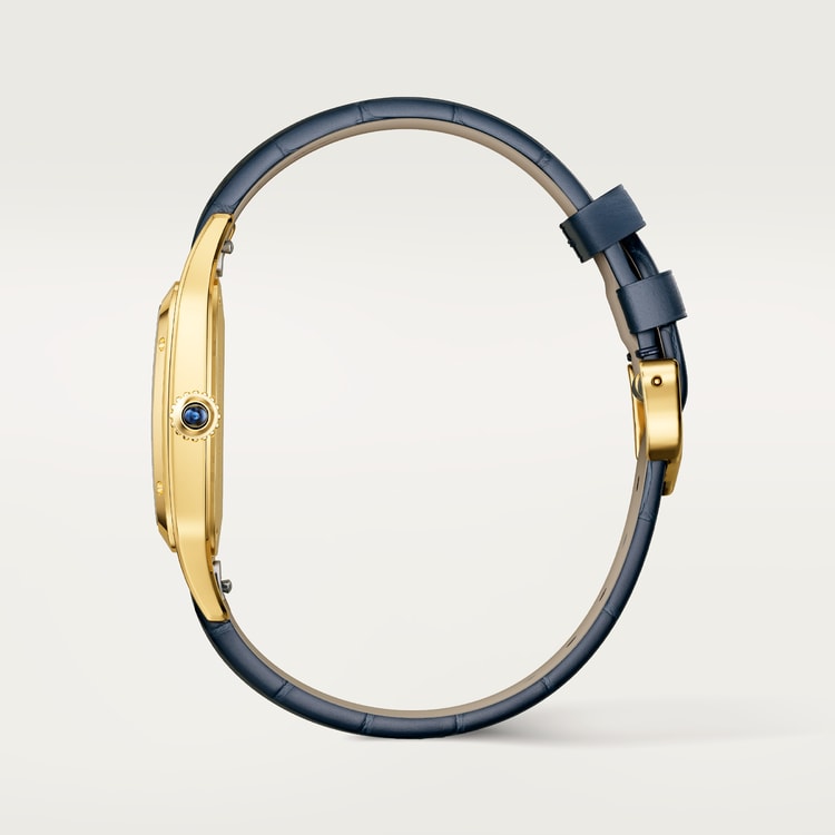 Santos-Dumont Large 43.5mm x 31.4mm Yellow Gold Blue Crown Silvered Satin-Finish Dial Navy Blue Alligator Leather Strap Manual-Winding Watch