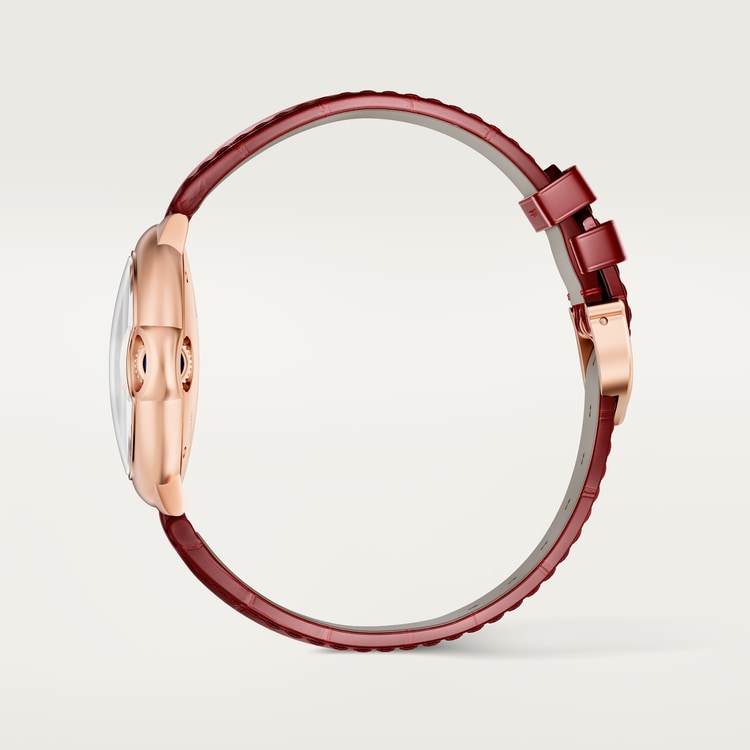 Ballon Bleu 33mm Rose Gold Diamond Case Silvered Sunray Dial Burgundy Alligator Strap Automatic Watch