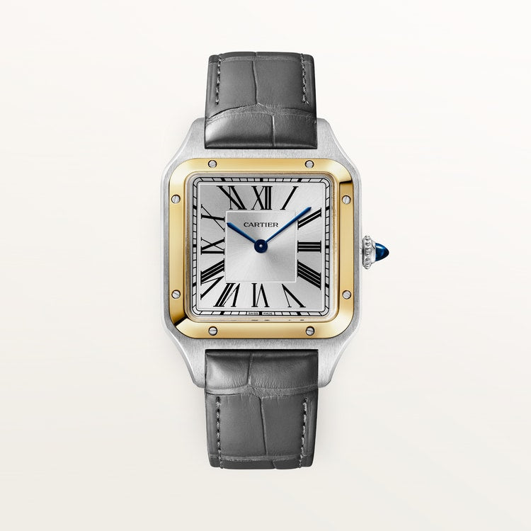 Santos-Dumont Large 43.5mm x 31.4mm Steel Yellow Gold Blue Crown Silvered Sunray Dial Anthracite Gray Alligator Leather Strap Quartz Watch