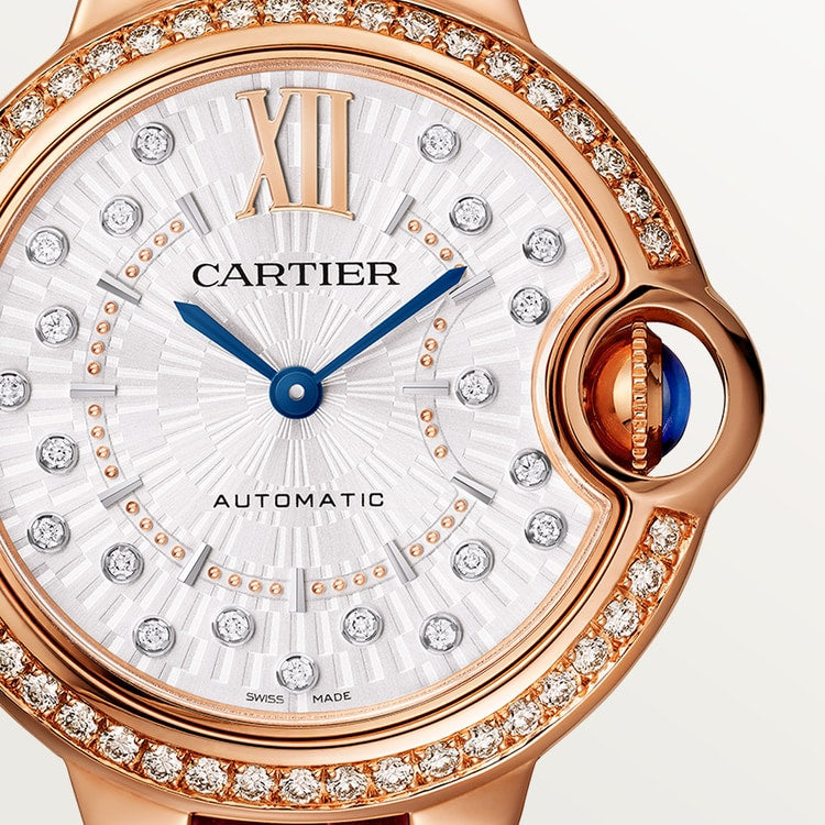 Ballon Bleu 33mm Rose Gold Diamond Case Silver Guilloché Dial Alligator Strap Automatic Watch