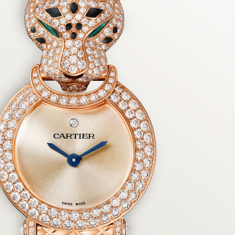 Panthère Mini 23.6mm Rose Gold Diamond Case Emerald Eyes Rose Dial Rose Gold Bracelet Quartz Watch