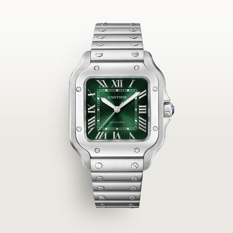 Santos de Cartier Medium 35.1mm Steel Blue Crown Green Dial Steel Bracelet Self-Winding Watch