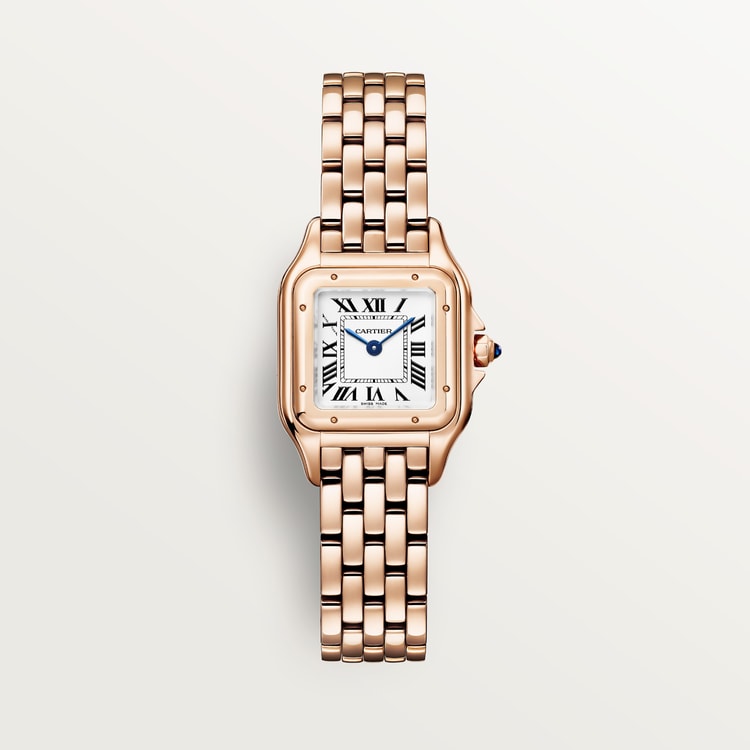 Panthère Small 23mm x 30mm Rose Gold Blue Crown Silvered Dial Rose Gold Bracelet Quartz Watch