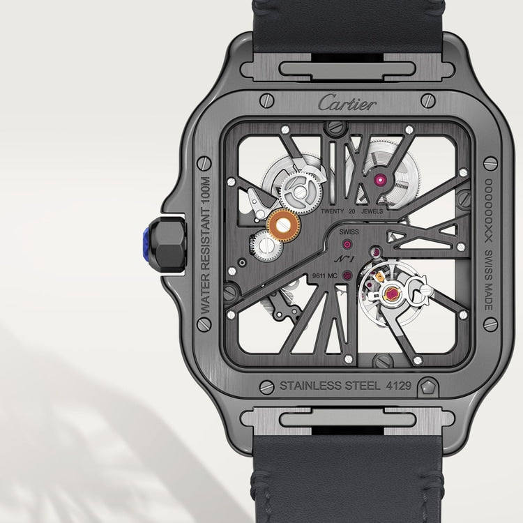 Santos de Cartier Large 39.7mm Steel Blue Crown Skeleton Dial Alligator Strap Manual-Winding Watch