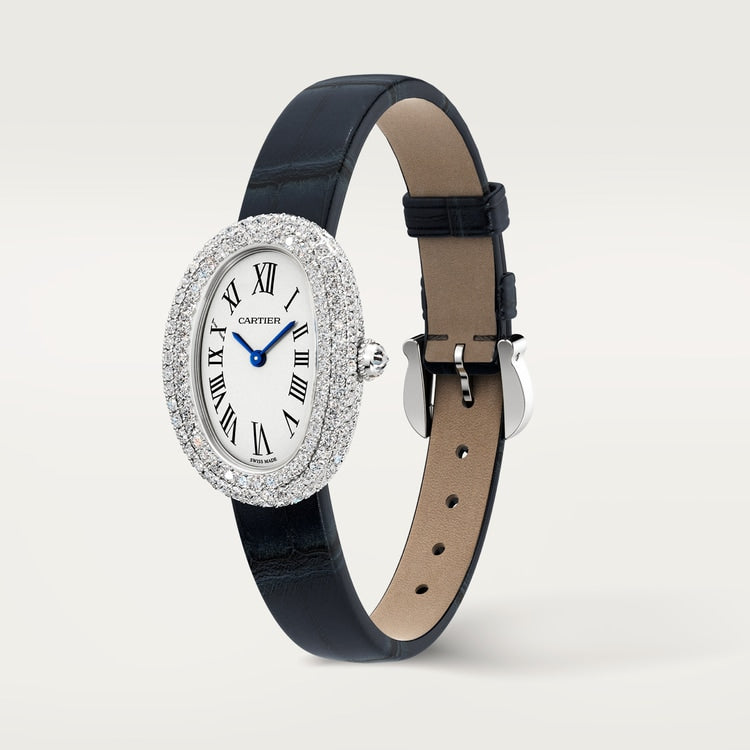 Baignoire Small 32mm x 26mm White Gold Diamond Case Diamond Crown Silvered Dial Navy Blue Alligator Strap Quartz Watch