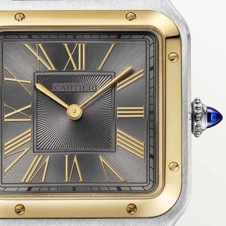 Santos-Dumont Large 43.5mm x 31.4mm Steel Yellow Gold Bezel Gray Dial Alligator Strap Quartz Watch