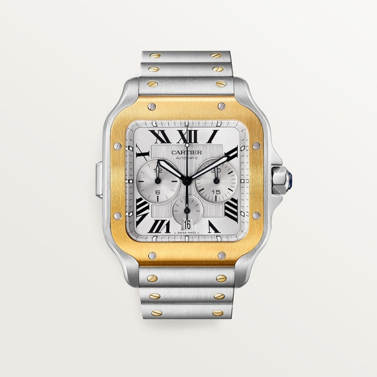 Santos de Cartier Chronograph Extra-Large 51.3mm x 43.3mm Steel Yellow Gold Bezel Silver Dial Steel Bracelet Self-Winding Watch
