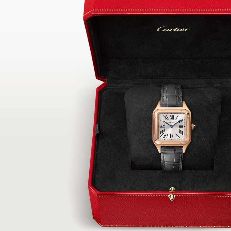 Santos-Dumont Small 38mm x 27.5mm Rose Gold Blue Crown Silver Dial Gray Alligator Strap Quartz Watch