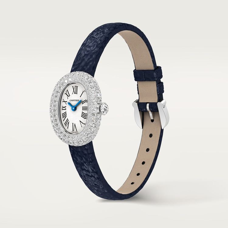 Baignoire Mini 24.6mm x 18.7mm White Gold Diamond Case Diamond Crown Silvered Dial Navy Blue Patent Leather Strap Quartz Watch