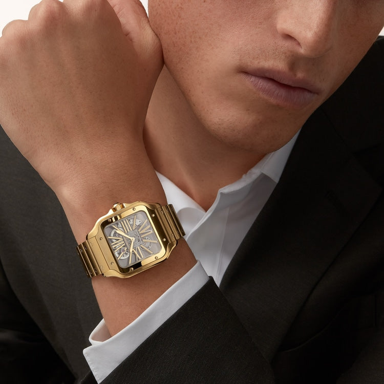 Santos de Cartier Large 39.7mm Yellow Gold Blue Crown Skeleton Dial Yellow Gold Bracelet Manual-Winding Watch