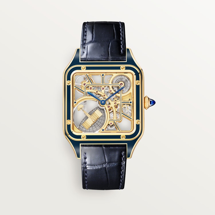 Santos-Dumont Skeleton Large 31mm Yellow Gold Blue Crown Skeleton Dial Blue Alligator Strap Self-Winding Watch