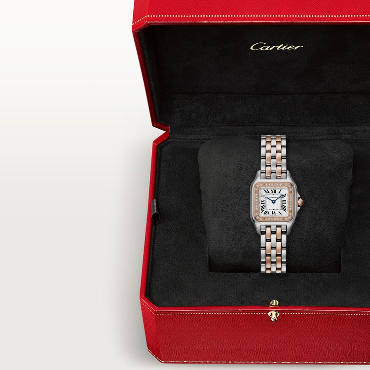 Panthère Small 22mm x 30mm Rose Gold Steel Diamond Bezel Blue Crown Silvered Dial Rose Gold Steel Bracelet Quartz Watch