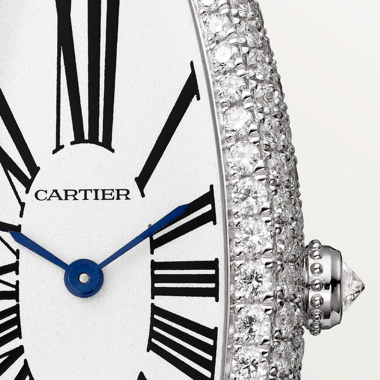Baignoire Allongée Medium 47mm x 21mm White Gold Diamond Beaded Crown Silvered Dial Gray Alligator Strap Watch